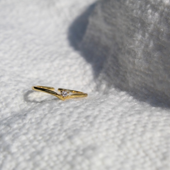 Sterling Silver "V" Shaped Stacking Gold Ring with Single Simulated Diamond - Picture 11 of 14